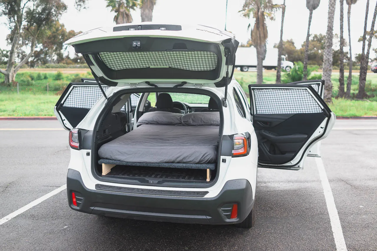 Subaru Outback Vanlife DIY window covers installed